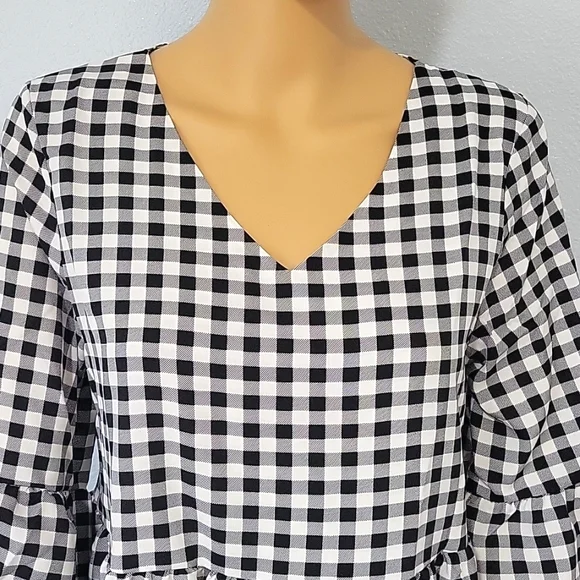 Women's V Neck Long Sleeve Plaid Printed Tunic Dress Small - Picture 5 of 10